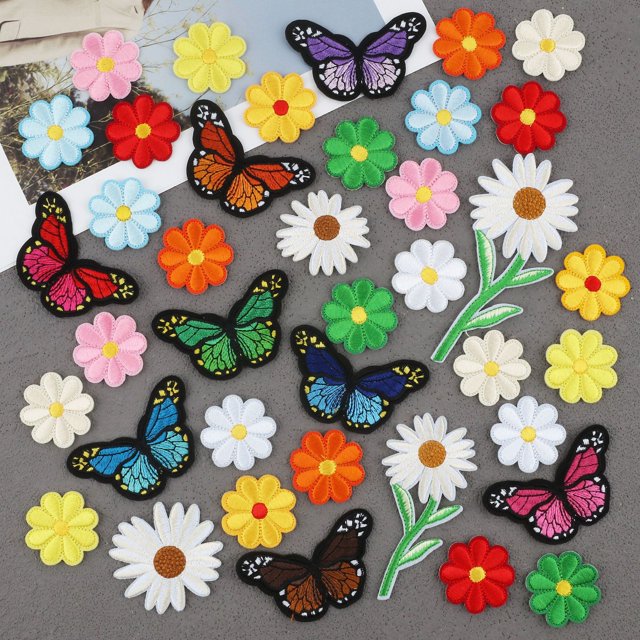 RV 39 Piezas Parches Termoadhesivos Bordados con Mariposas y Flores de Margarita, Parches para Coser, Parches para Coser y Planchar, Apliques de Insignia, Parche de Reparación Adhesivo para Jeans, Chaqueta, Bolsa, Ropa Sailing Electrónica