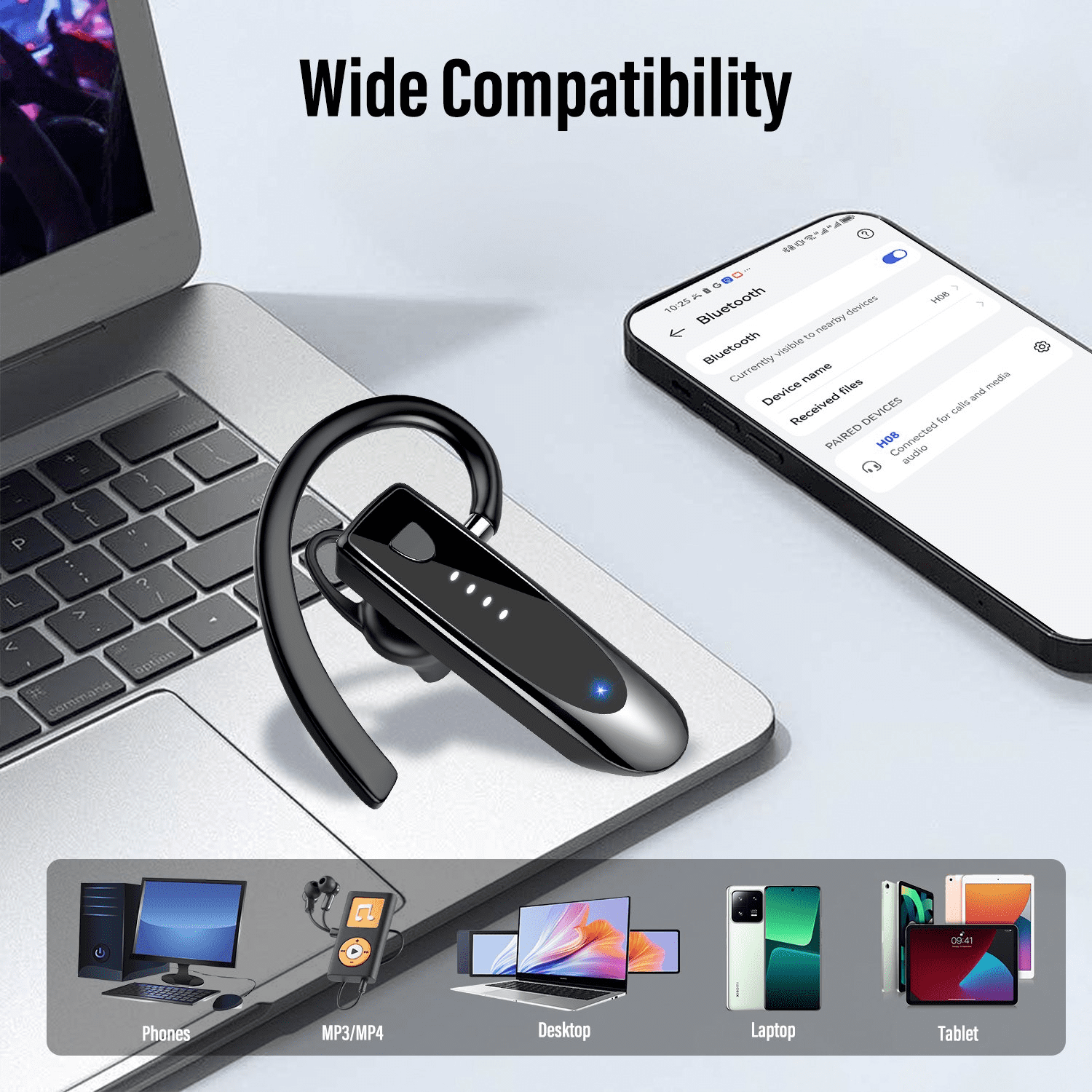 Bluetooth Headset V5.4, Single-Ear Wireless Earpiece with ENC Noise Canceling Mic, 20Hrs Call Time Handsfree Wireless Earbuds, 180 Hrs Standby Time Headphones for iOS Android /Office/Drivin
