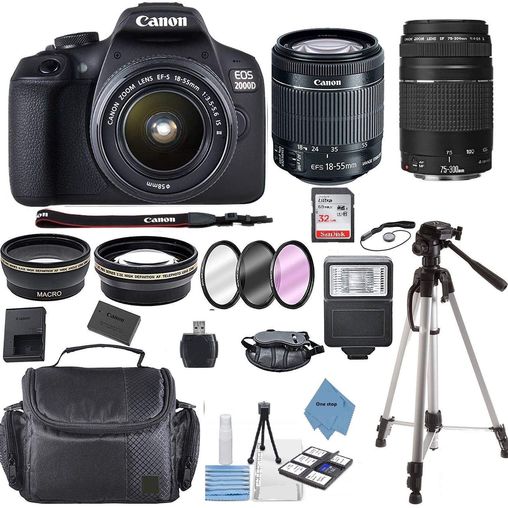 Canon EOS 2000D / Rebel T7 DSLR Camera + 18-55mm + 75-300mm + Accessory Bundle (International Model)