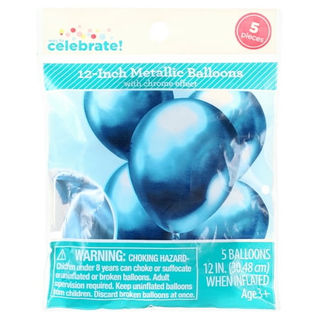 Way to Celebrate! 12in Birthday Party Decoration Blue Glossy Metallic Balloons, 5 Count