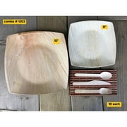 Bio Mart Leaf Tableware/100% Natural-Eco-friendly/Disposable/Biodegradable/PartyBBQ-COMBO FAMILY - PARTY PACK Quadrato Square - 10"Dinner + 6" Desert Plates + Cutleries -10 each