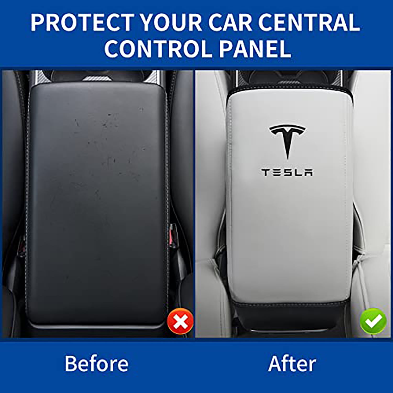 Center Console Cover for Tesla Model Y Model 3, Non-slip Armrest Cover for Tesla Model 3 Y Accessories, PU Leather Armrest Box Pad Protector (White)
