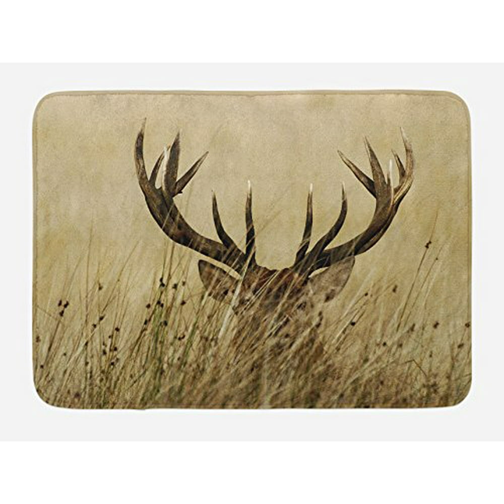 Lunarable Antler Bath Mat, Whitetail Deer Fawn in Wilderness Stag in Countryside Rural Hunting