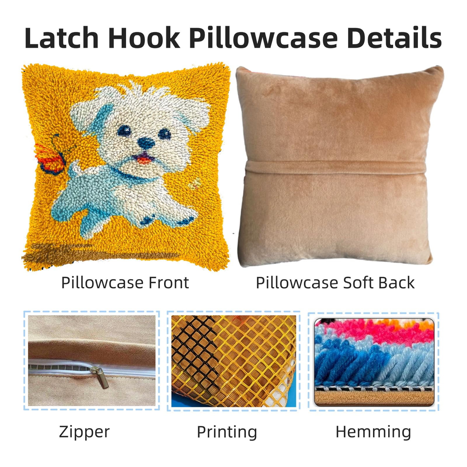 DIY Latch Hook Pillow Kits for Adults Cute Maltese Dog Chasing Butterfly Printed Pillowcase Crochet Yarns Hooking Handmade Pillow Cover Cushion for Home Sofa Decor 17x17inch(3)