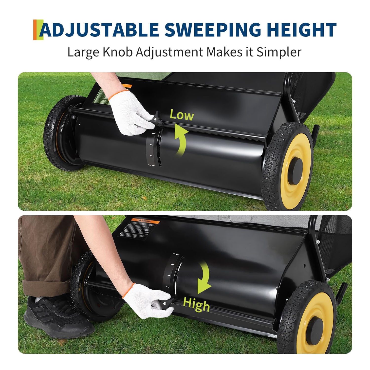 Gaderth Efficient 21-Inch Push Lawn Sweeper, Heavy-Duty Steel Frame, 4 Enhanced Spinning Brushes, Large 3.5 cu.ft Pusher, Strong Rubber Wheels, Manual Leaf & Grass Collector