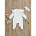 thumbnail image 2 of Xingqing Newborn Baby Girl Fall Clothes Solid Color Ribbed Long Sleeve Zip-Up Footed Romper + Headband Set, 2 of 7