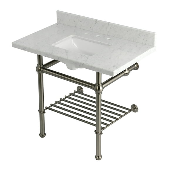 Kingston Brass KVPB3630MBSQB8 Templeton 36" Carrara Marble Console Sink with Brass Legs and Shelf (8-Inch, 3-Hole), Carrara Marble White/Brushed Nickel