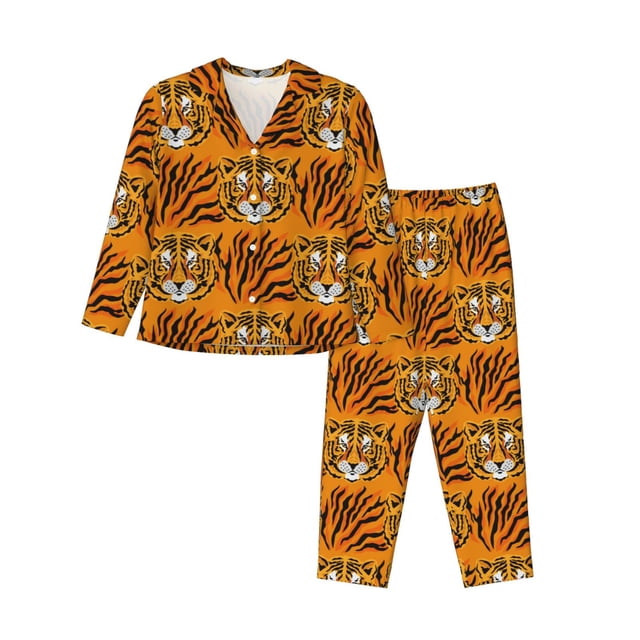 Fotbe Tiger Conjunto de Pijama de Manga Larga para Mujer con Estampado, Ropa de Dormir de 2 Piezas, Conjunto de Casa Suave y Cómodo con Bolsillos-Large
