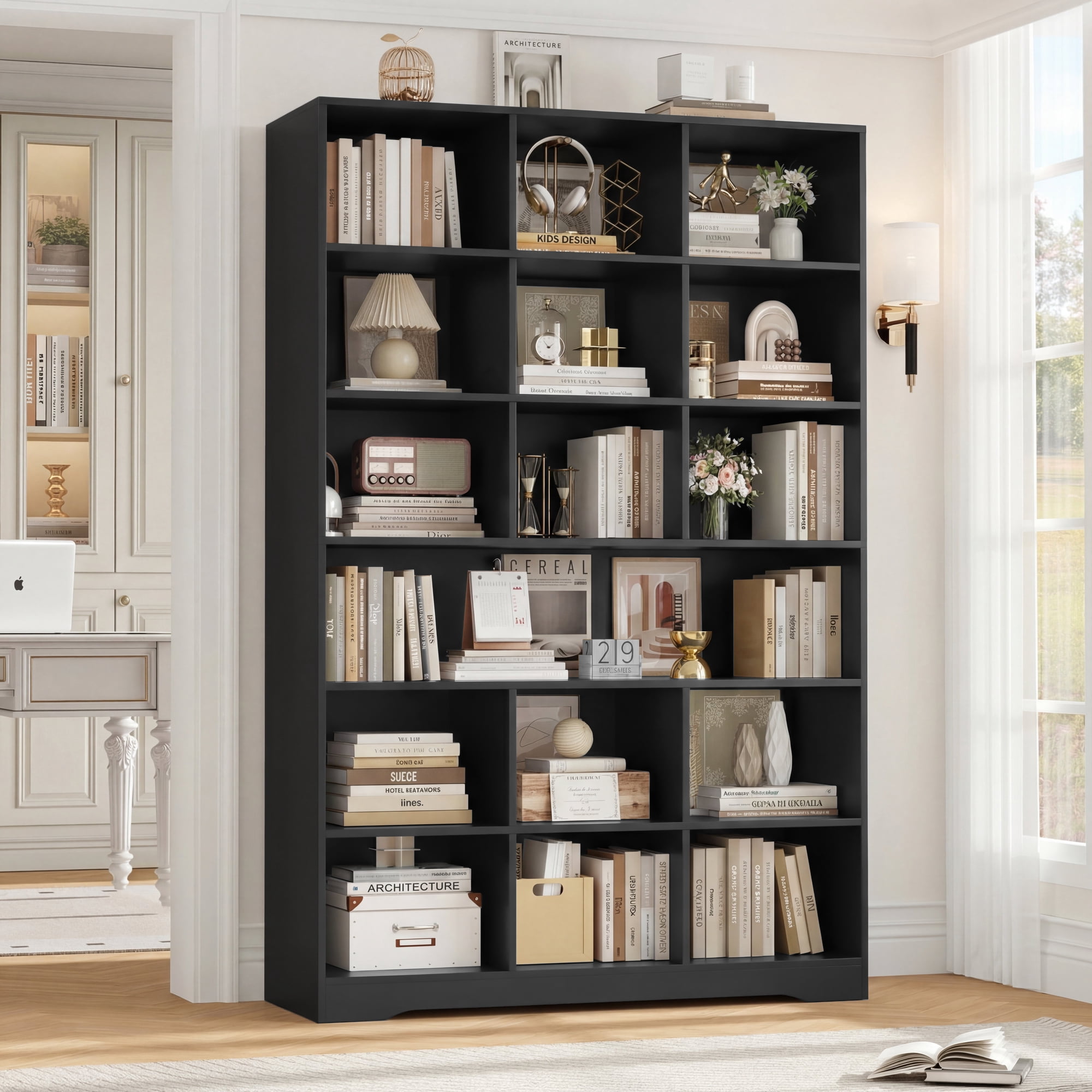 Hiphuta 76"H x 47"W Wood 6-Tier Standard Bookcase, Tall Bookcase for Bedroom, Freestanding 18 Cubes Display Storage Shelves, Living Room and Office, Black