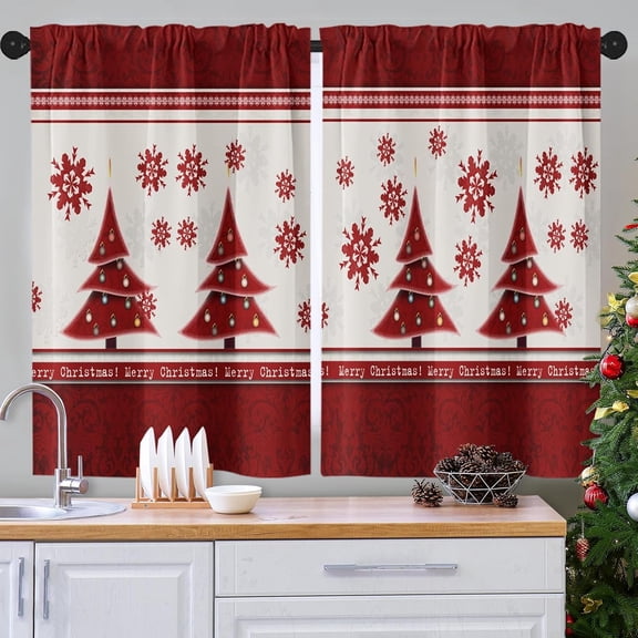 Christmas Snowflakes Tree Vintage Kitchen Curtains Winter Window Curtains Over Sink Set of 2, Xmas Rod Pocket Short Tier Curtains for Kitchen, Merry Christmas Small Kitchen Decor (26x36 Inch)