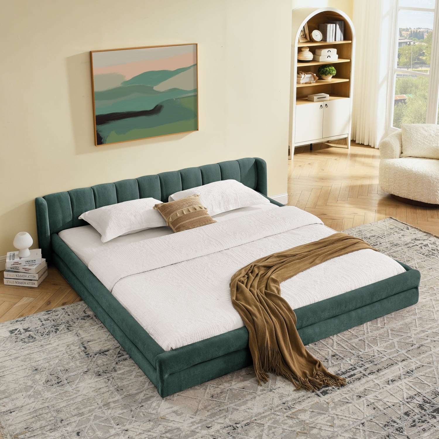 Lisonu King Size Grounded Bed Frame, Modern Upholstered Low Profile Platform, Soft Chenille Fabric with Padded Headboard, Blue & Green Finish