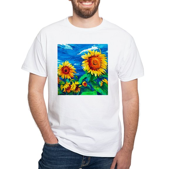 CafePress - Sunflowers Painting T Shirt - Men's White Classic Cotton T-Shirts