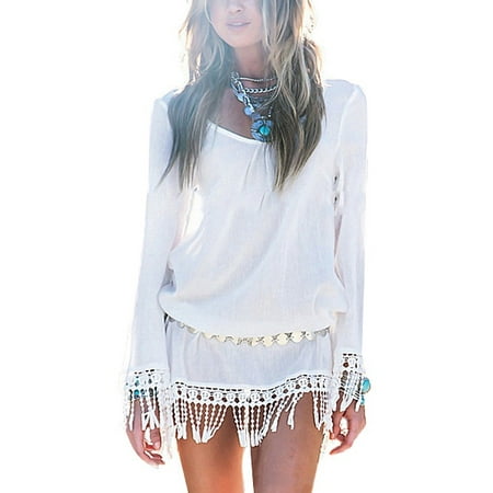 Chiffon Tunic Dress - Women Fashion Chiffon Tassel Crew Neck Long Sleeve Tunic Dress