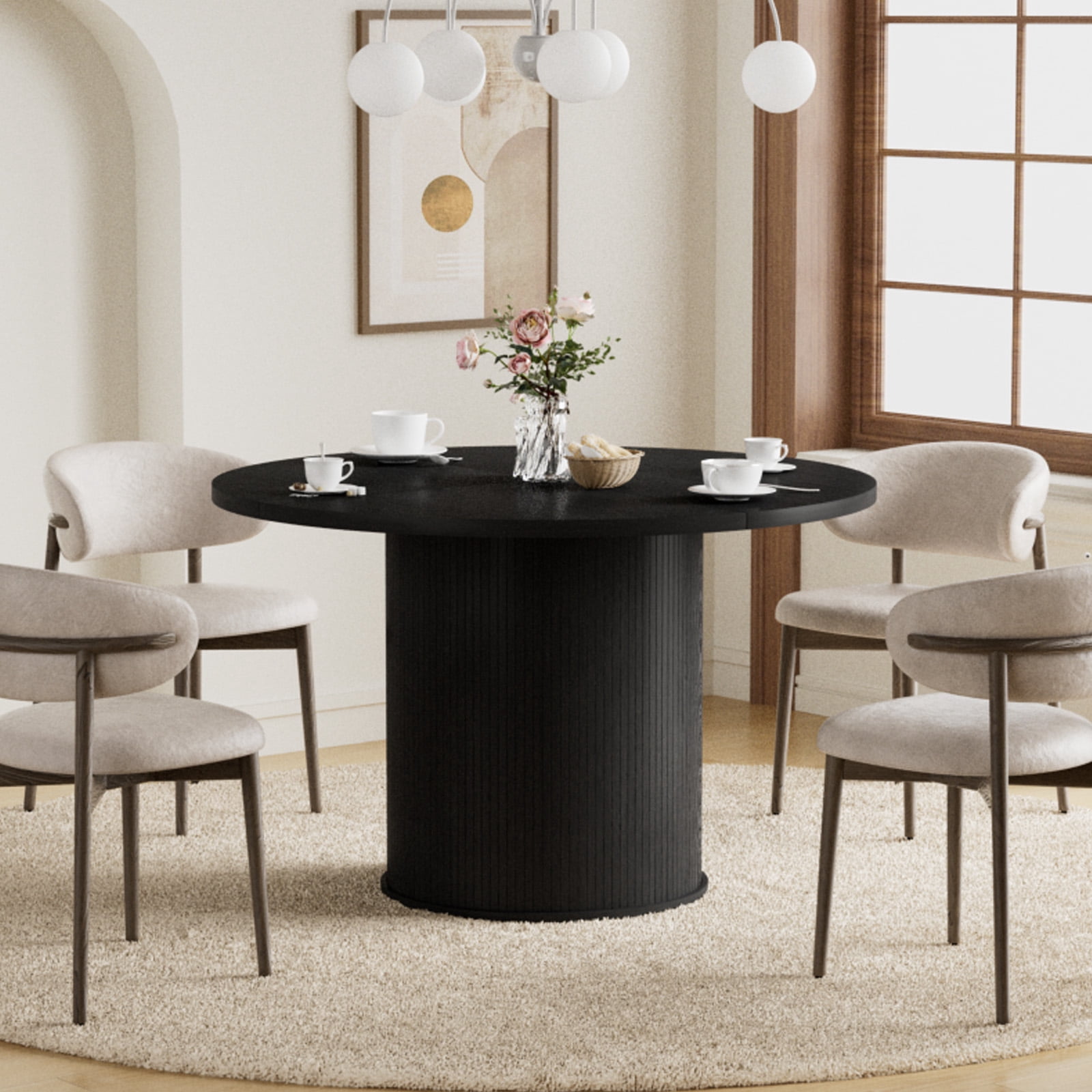 Hommpa 48" Round Dining Table Morden Kitchen Table Wood for 4 with Wood Slide Door for Kitchen Living Room,Heavy Duty Pedestal Base,Black