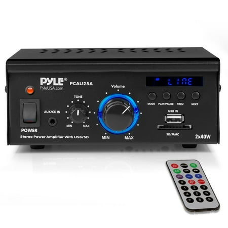 PYLE PCAU25A - Stereo Power Amplifier System - Digital Audio Speaker Amp with MP3/AUX/USB/SD Readers, LED Display, 2 x 40 (Best Lightweight Power Amp)