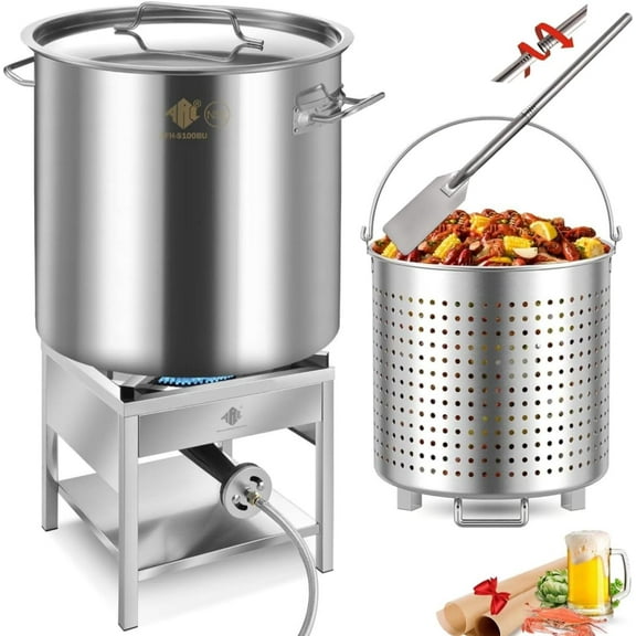 100QT Stainless Steel Seafood Boil Pot with 200,000BTU Propane Burner and 48" Mixing Paddle, w/Basket for Outdoor Deep Fryer, Large Cooking Pot for Turkey Fryer, Crab, Crawfish, Shrimp