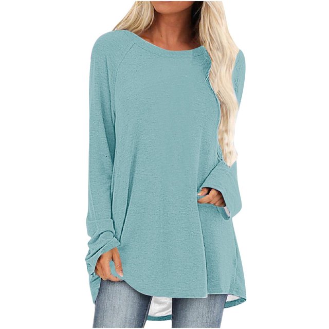 Long Sleeve Shirts for Women Dressy Casual Crew Neck Hem Flowy Tops Color Block Geometry Printed Oversized Loose Tunic Shirts Graphic Tees for Spring Fall #B06-Orange S
