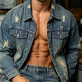 thumbnail image 3 of Ripped Denim Jackets for Men Washed Vintage Distressed Loose Workwear Jacket with Pockets Spring Summer Style High Street Cool And Edgy Denim Clothing, 3 of 8