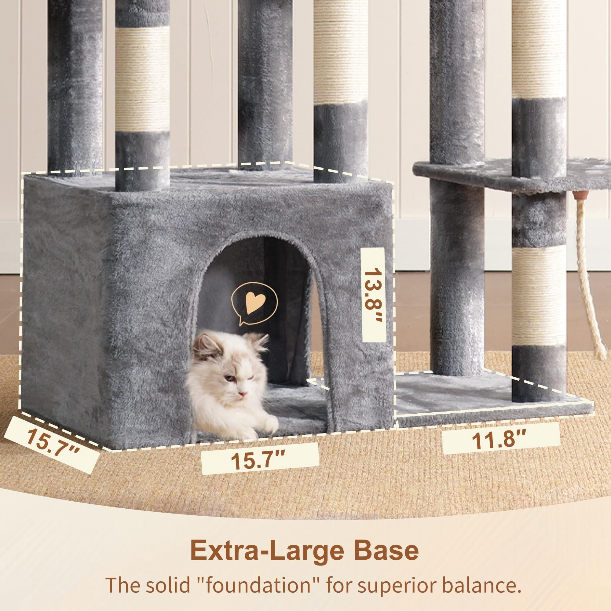 Heavy Duty Cat Tree  Tower For Indoor Cats Large Adult Tall Condo House With Extra-large Baseboard Multi-level Plush Furniture Posts Hammock Balls Light Gray Hct026w