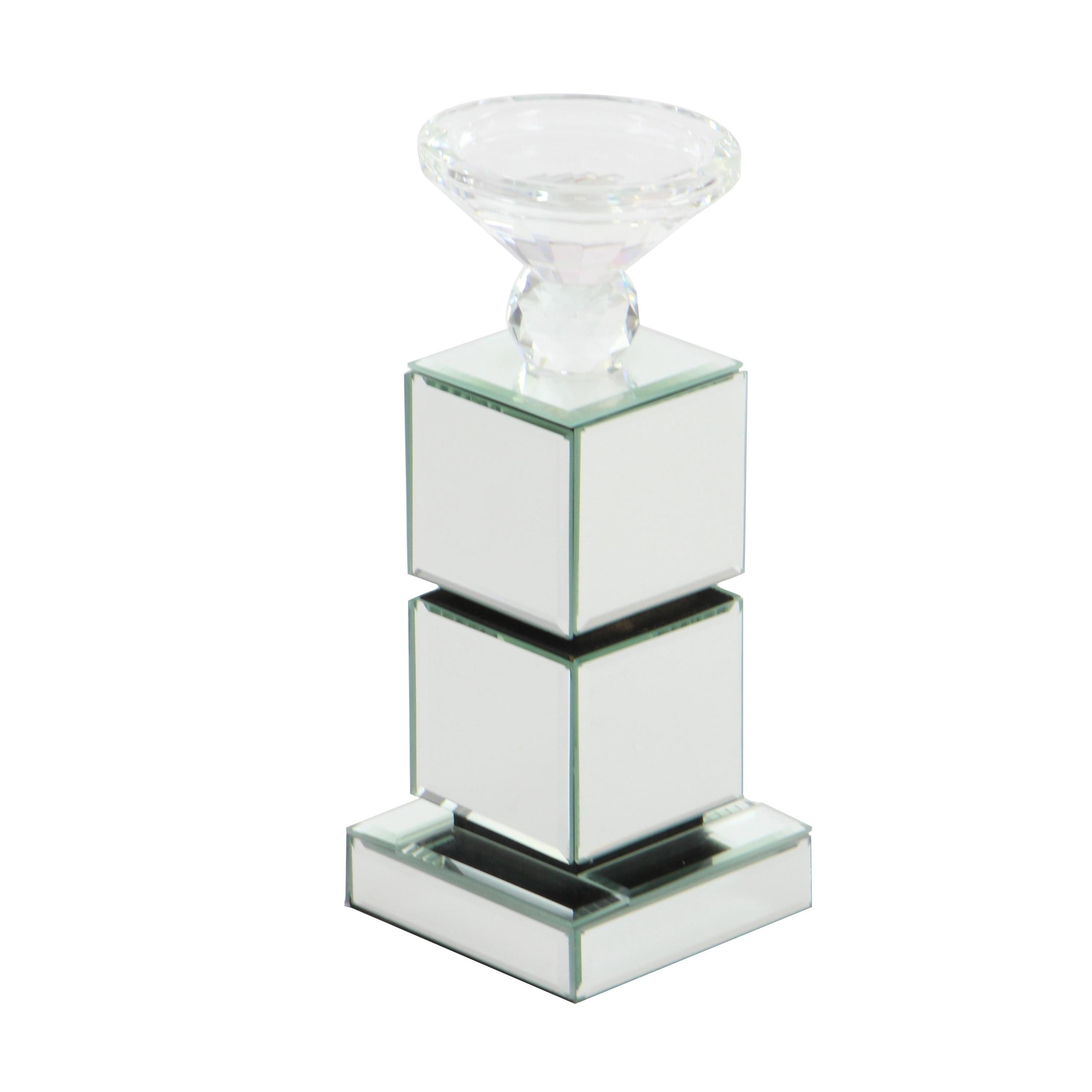 DecMode Silver Glass Pillar Candle Holder with Mirrored Sides