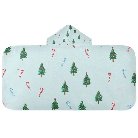 Blue Red Candy Canes Christmas Trees Kids' Hooded Towel Wrap Bath Towels Bath Cape Bathrobe Unisex 50" x 23.5"