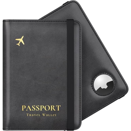 Stouchi RFID Passport Holder with AirTag Slot, Anti-Lost Travel Wallet for Women & Family, Slim Leather Cover Protector for Passport and Cards, Black