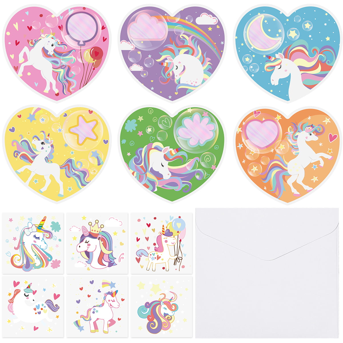 Envelopes Included Unomor Valentines Day Cards for Kids 36pcs Valentine Greeting Cards with 6 Patterns Valentine Unicorn Stickers for Children Party Favors 