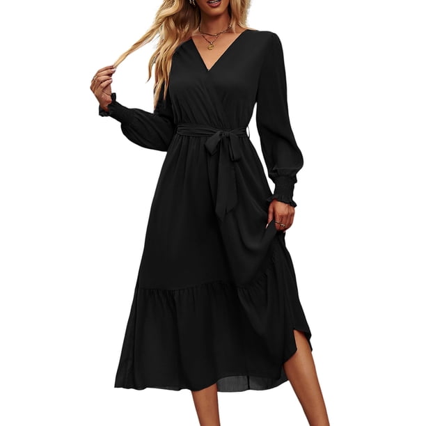 Vestido PRETTYGARDEN Floral Boho Cruzado Cuello en V Manga Larga Talla L - Negro