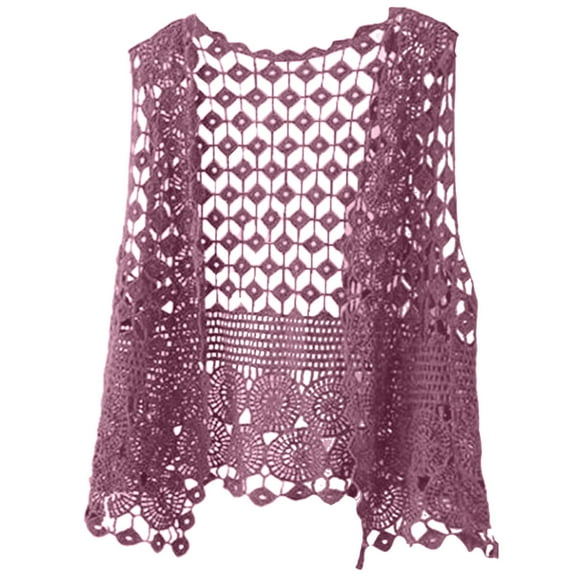 GEWSEY Womens Crochet Cardigan Boho Solid Color Knitted Vest Hollow Out Summer Open Front Sleeveless Kimonos Cardigan (Purple, One Size)
