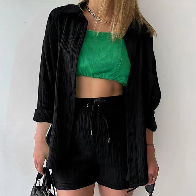 Puntoco Camisa De Manga Larga Con Cuello De Dos Piezas De Verano Para Mujer Conjunto Informal De Pantalones Cortos Grandes Con Cordón De Cintura Alta Puntoco Puntoco-6842