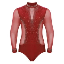 TSSOE Men Mesh Latin Dance Leotard Bodysuit Long Sleeve See-Through Rhinestones Salsa Tango Dancewear Red XXL
