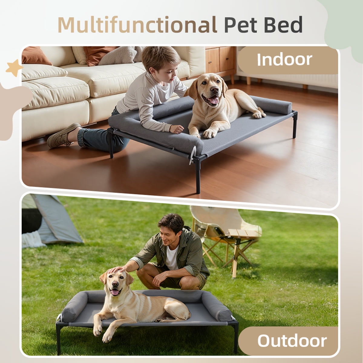 DOMIPET Cooling Elevated Dog Bed with Removable Waterproof Bolster Cushion Mat, Raised Pet Cot with Breathable Mesh, No-Slip Feet, Dog Couch Bed for Indoor Outdoor