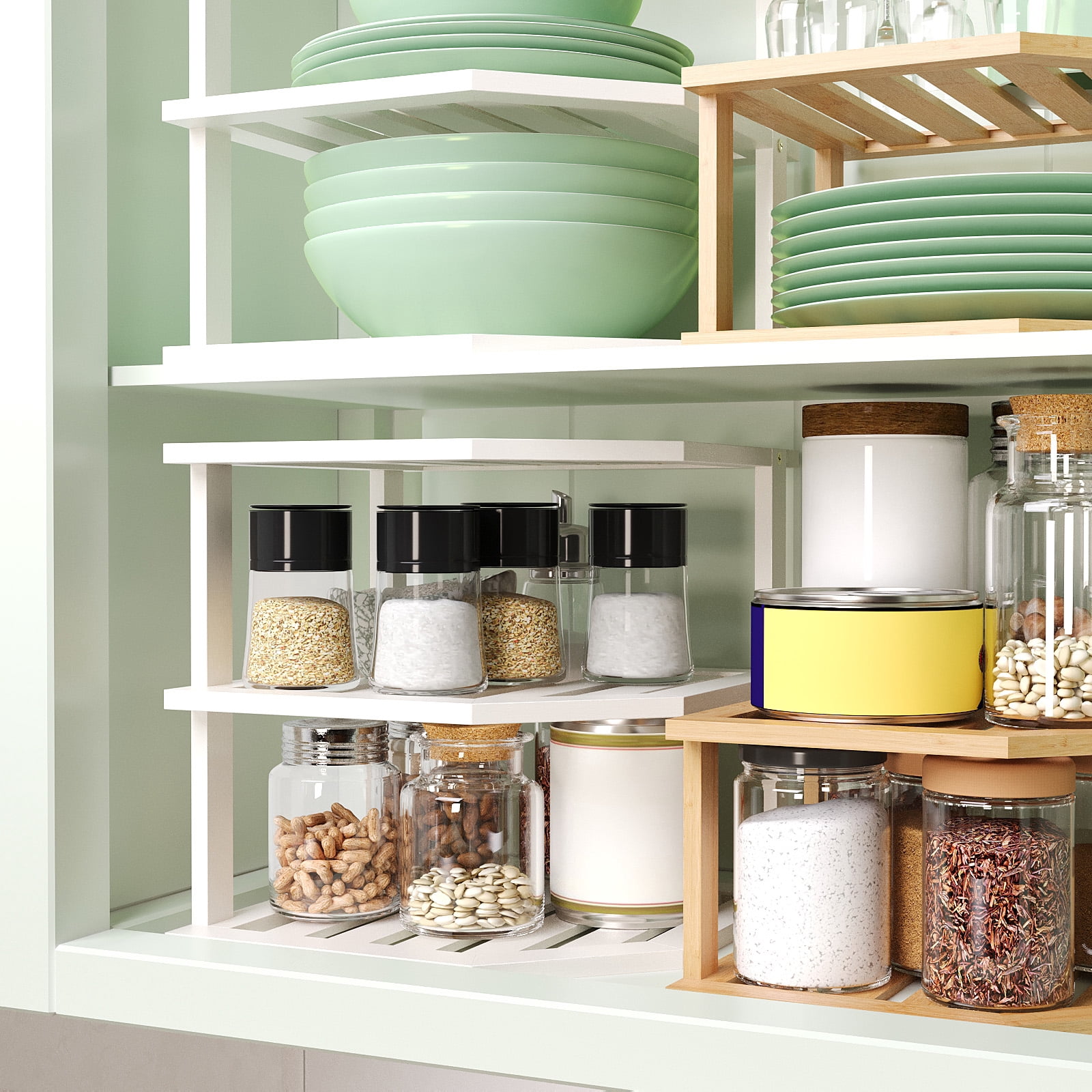Bamboo Corner Shelf(2 Pack),3 Tier Plate Organizer for Cabinet and Countertop,Pantry Dish and Spice Rack for Kitchen(White)