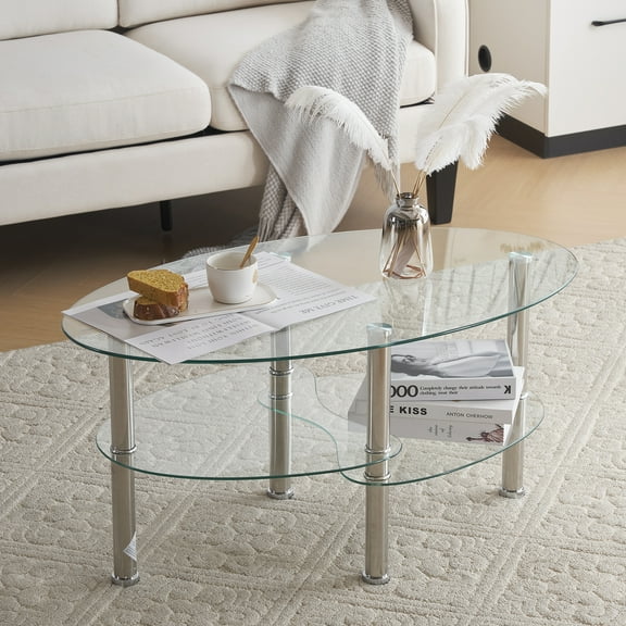 Ktaxon 35" Clear Glass Oval Side Coffee Table Shelf Chrome Base Living Room Furniture
