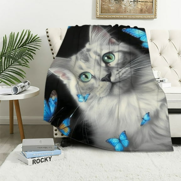 HENGT Cat Blanket Cat Gifts for Cat Lover Cat Blue Butterfly Throw Blanket Ultra Soft Cozy Aniaml Kitten Stuff Blanket for Girls Women Kids