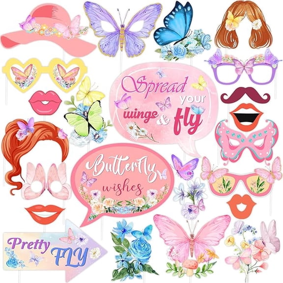 24Pcs Colorful Floral Butterfly Photo Booth Props Kit, Spring Flowers Selfie Props for Girls Women Birthday Baby Shower Bachelorette Spring Flowers Party Decorations Supplies