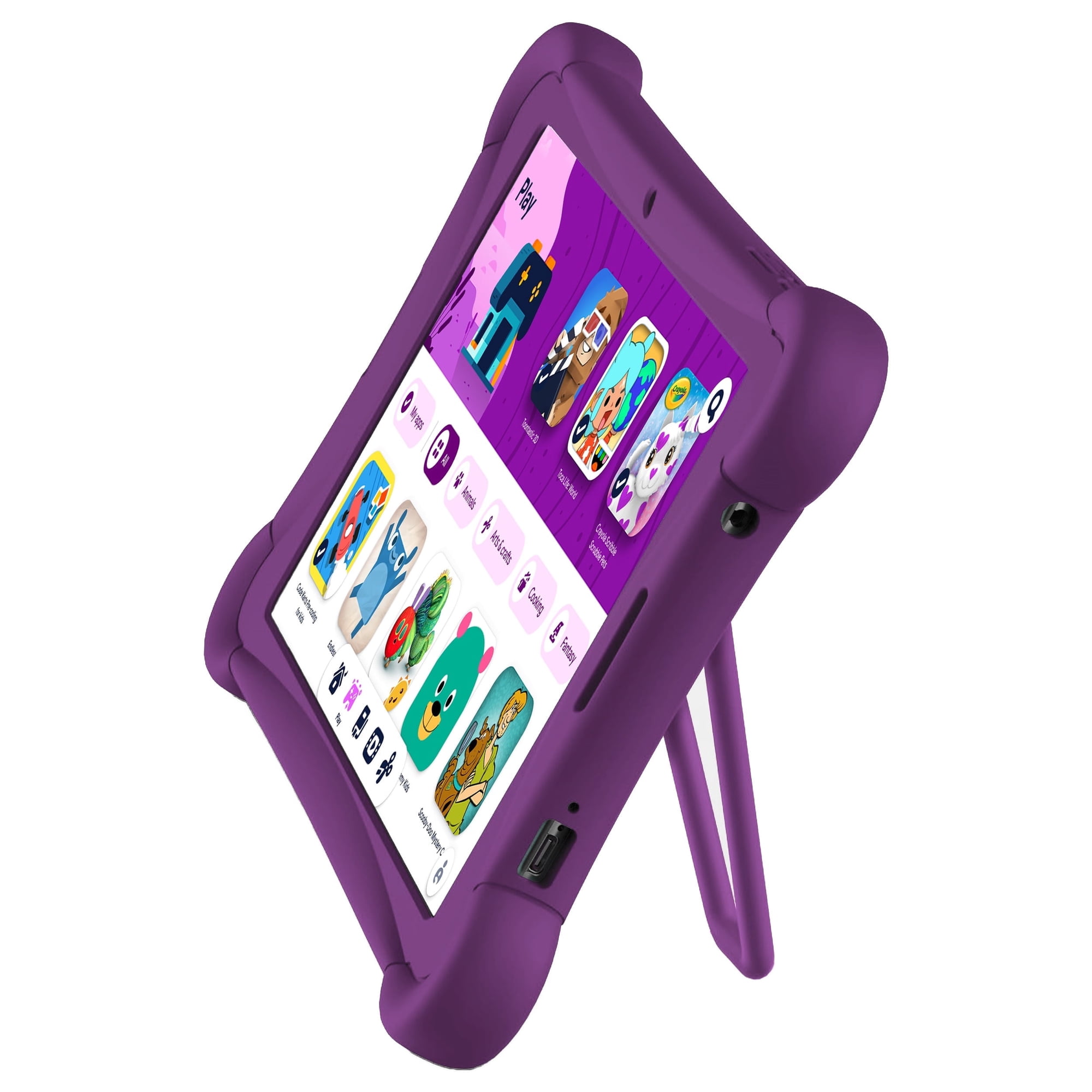 2024 ME Google Kids Space 10" Tablet Android, 64GB, Silicone Bumper Case Kickstand, Purple