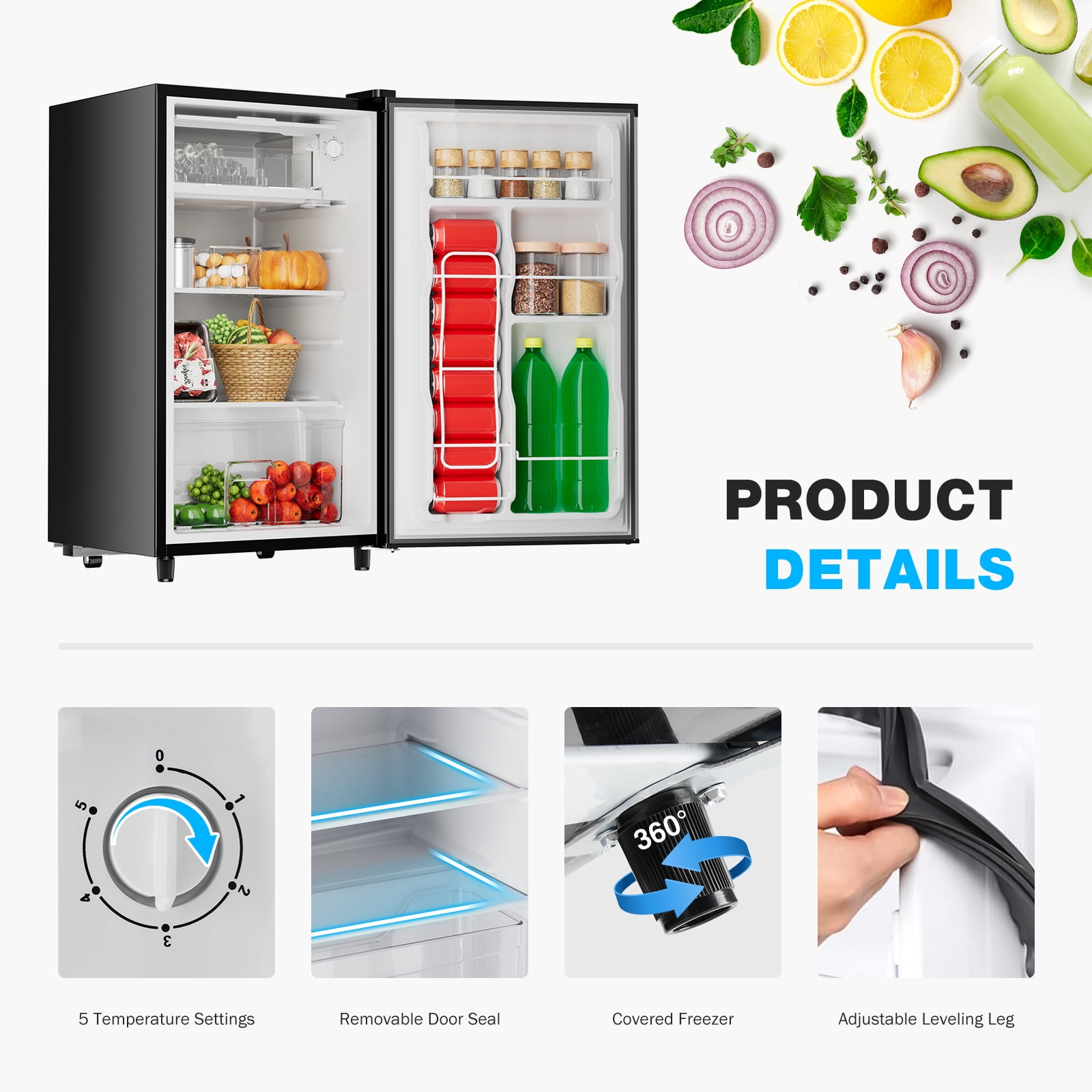 CONCETTA Mini Fridge With Freezer 3.2 Cu.Ft Single Door Adjustable Thermostat, Low Noise, For Bedroom, Office, Dorm, Silver