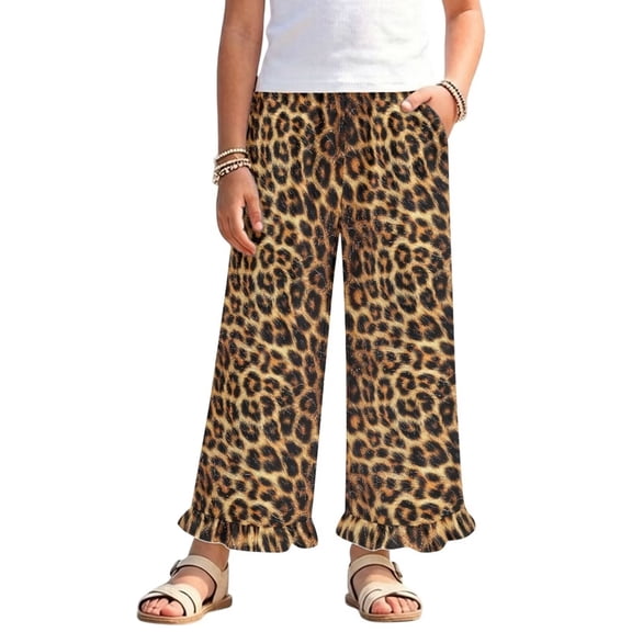 COEQINE Girls Wide Leg Ruffle Pants High Waisted Palazzo Pants with Pockets Flowy Trousers Comfy Fall Outfits for 5-6 Years Little Girls, Brown Leopard Print