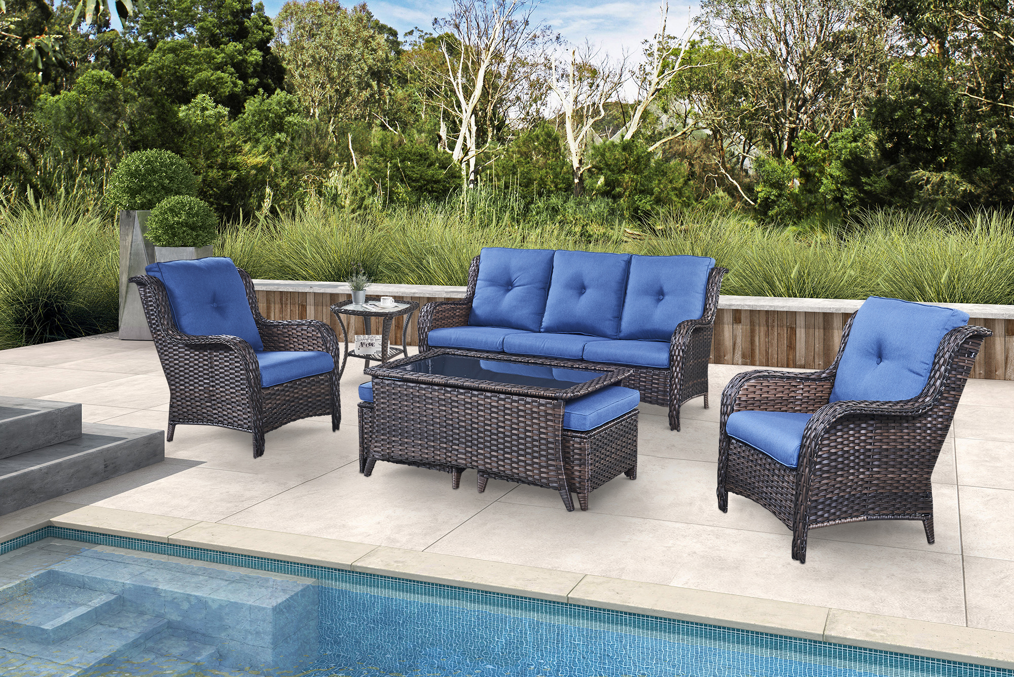 PARKWELL 7Pcs Outdoor Wicker Rattan Conversation Patio Furniture Set, including Three-seater Sofa, Chairs, Coffee Table, Ottomans and Side Table with Cushion, Blue - image 1 of 9