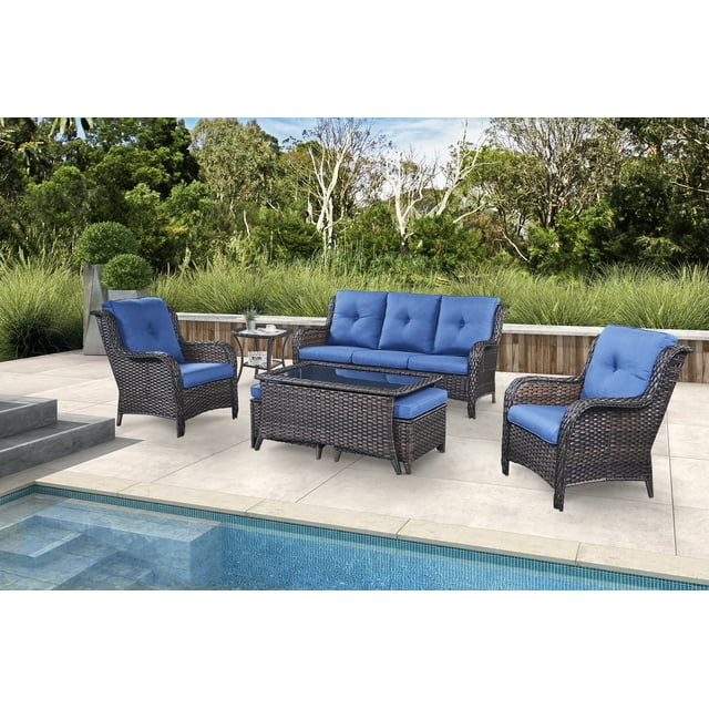 PARKWELL 7Pcs Outdoor Wicker Rattan Conversation Patio Furniture Set, including Three-seater Sofa, Chairs, Coffee Table, Ottomans and Side Table with Cushion, Blue