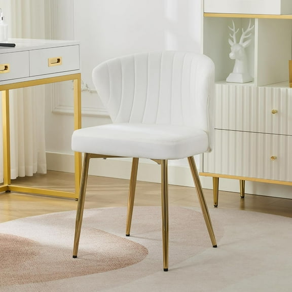 ZALIX Velvet Dining Chairs, Mid Century Modern Vanity Chair with Back Golden Legs, Small Upholstered Line Tufted Dining Room Chairs, Cute Accent Vanity Chair for Bedroom, Living Room, White