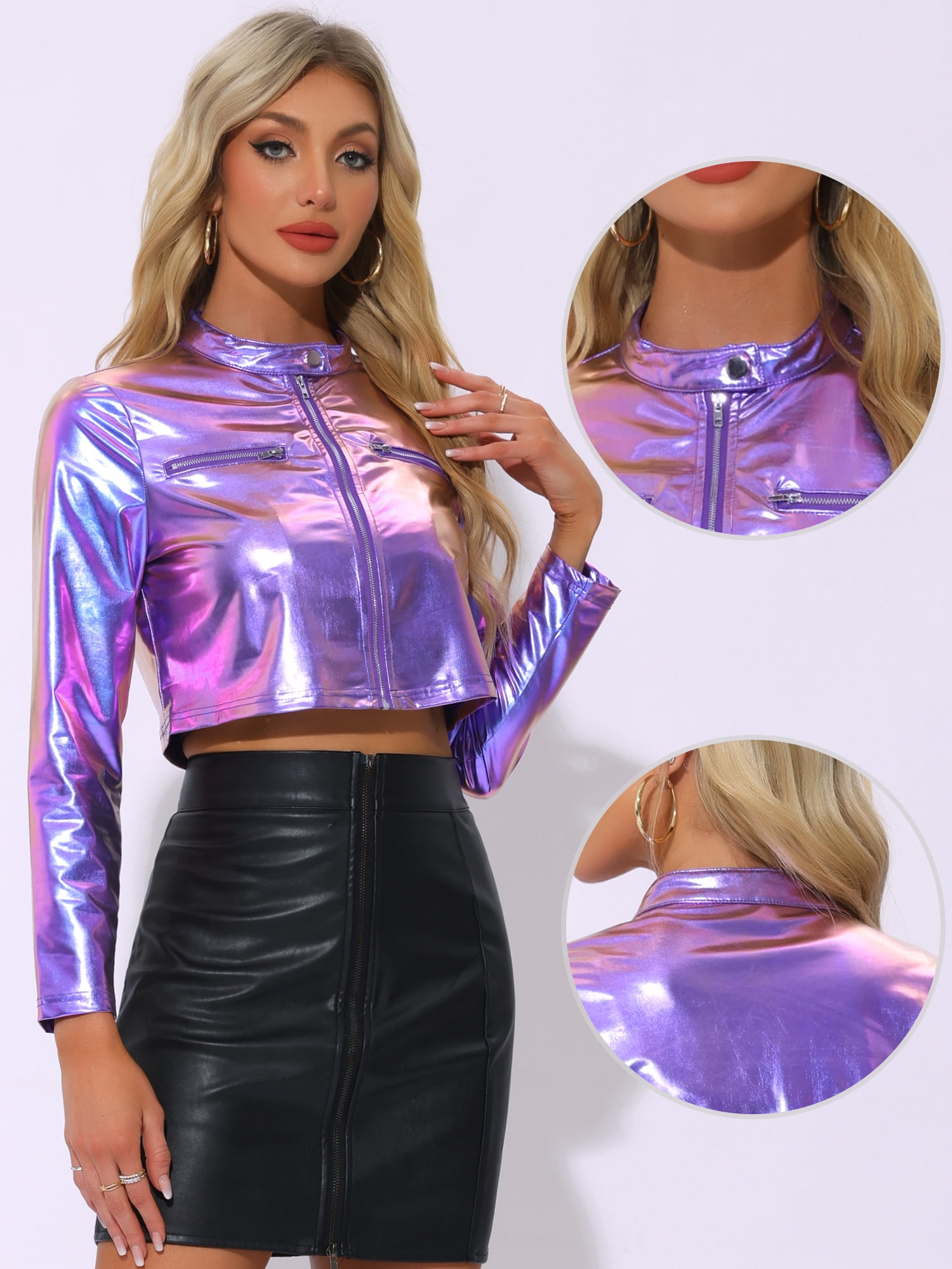 DARING DIVA Women's Cropped Jacket Metallic Stand Collar Long Sleeve Crop Jackets L Blue
