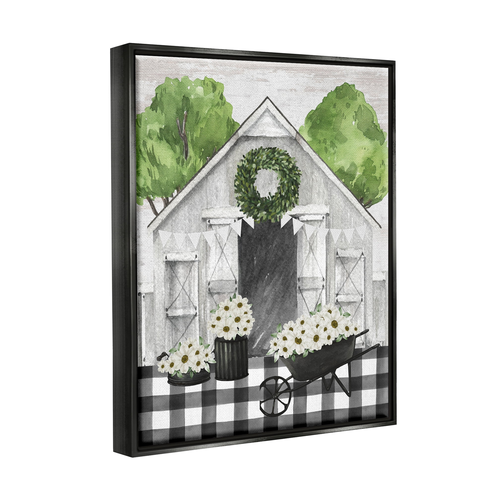 Stupell Industries Plaid Barn with Floral Wagon Botanical & Floral Painting Black Floater Framed Canvas Art Print Wall Art, 25 x 31
