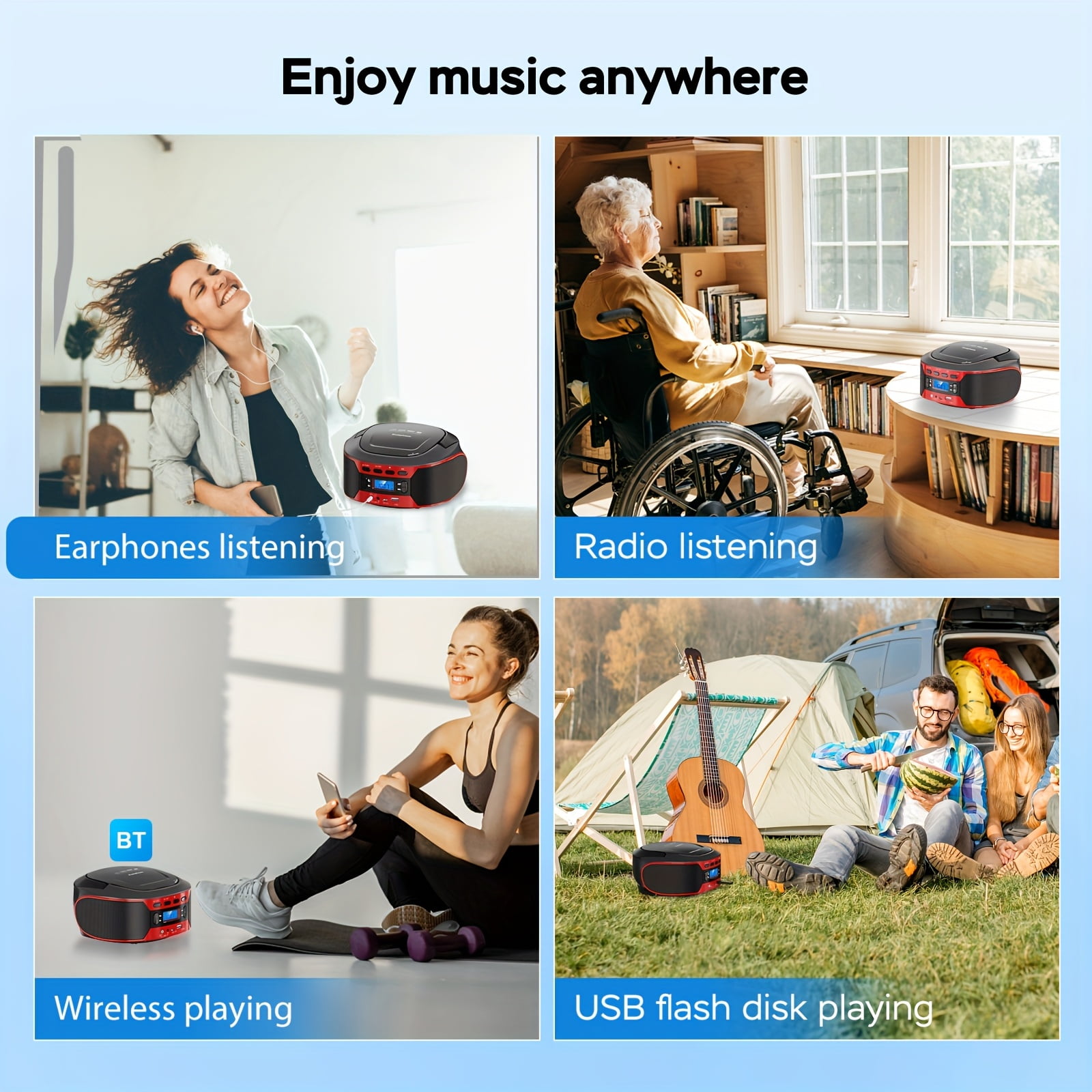 Portable CD Player Boombox with BT, FM Radio with CD Player Combo, CD Boombox with AUX/USB Playback and Earphone Jack. CD Players for Home with Stereo Speakers, Battery or AC Powered.