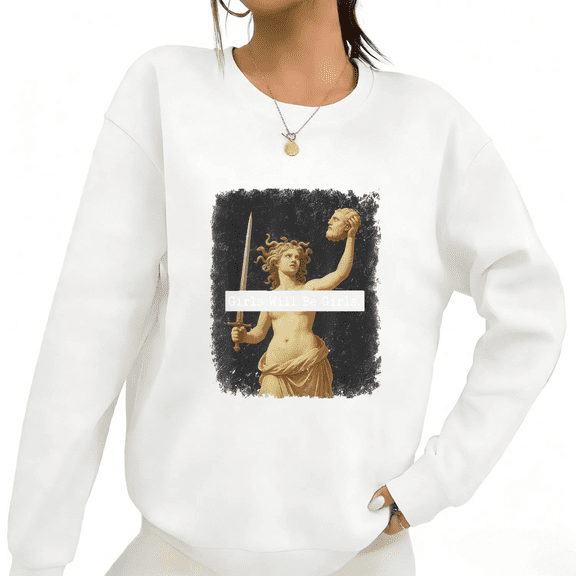 White Print Sweatshirt Graphic Sweatshirt S-3XL Medusa Statue Print Modern Feminist Street Style Tops