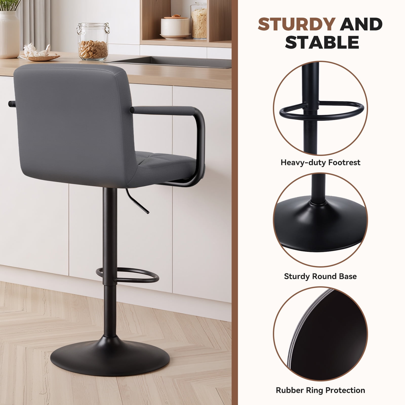 Daluvenix Bar Stools Set of 2， PU Leather Adjustable Swivel Barstools，Hydraulic Counter Height Bar Chairs with Armrest Back for Kitchen Island，Gray