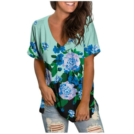 

Women Clothes Clearance with Slit Casual Tshirts Girls Short Sleeve Vneck Spandex Peony Floral Blouse Bustier Tshirts Womens UB