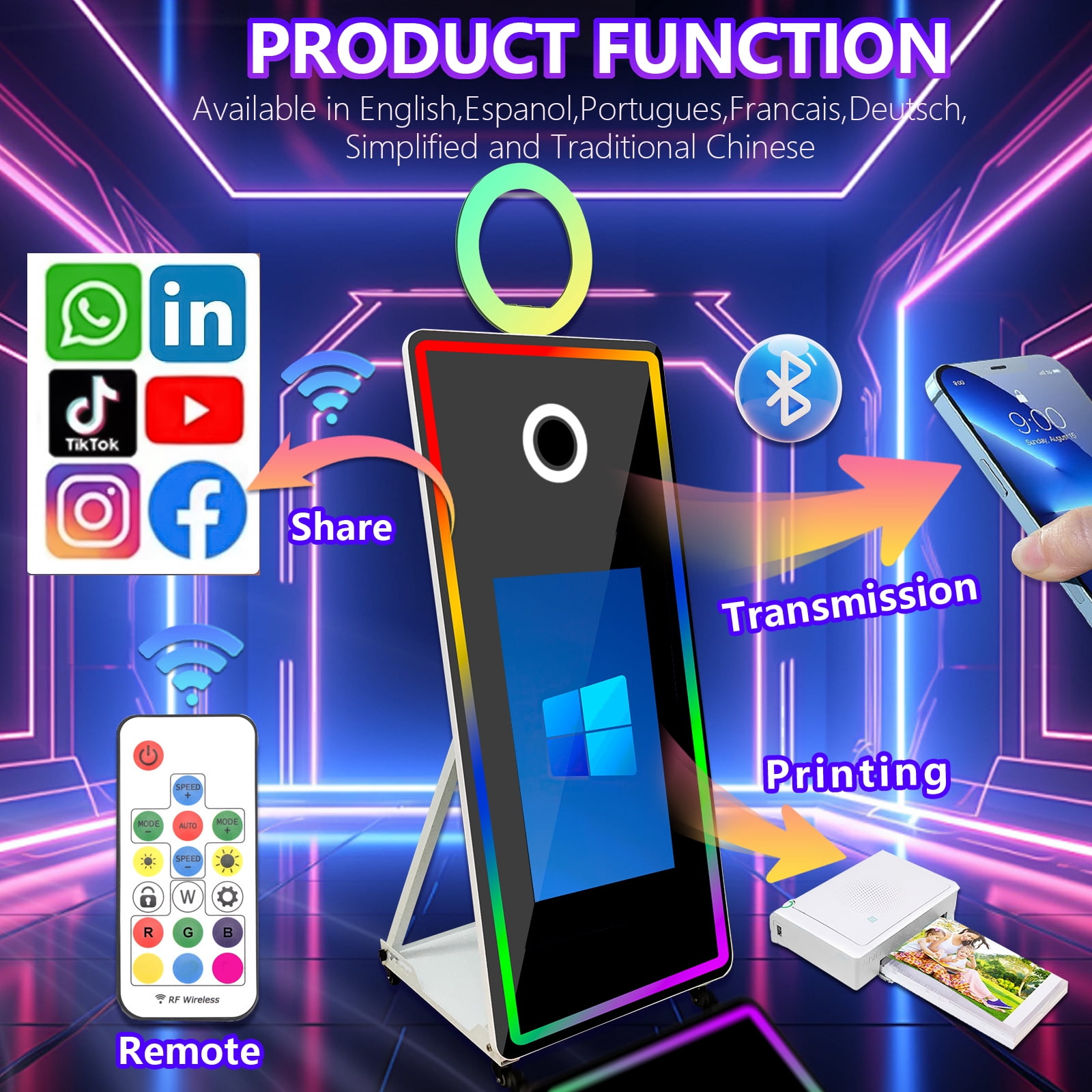 WideMeet 65'Mirror Photobooth with 32'Touch Screen Mirror Booth Machine for Wedding Parties Events