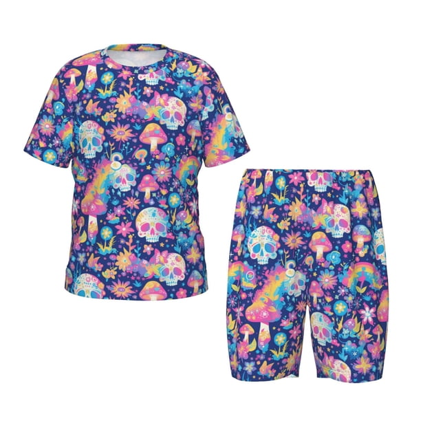 Balery mushroom Skull rainbow color Conjunto de Pijama Infantil de Manga Corta con Estampado – Ropa de Dormir de Algodón Suave-Medium
